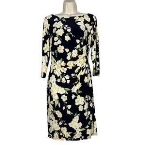 Lauren Polo Ralph Lauren Dress Side Drape 3/4 Sleeve Floral Print Boat Neck - 2